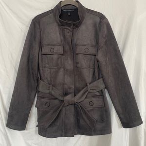 Gray belted lightweight jacket. Size M. Material is a faux velvet/microfiber.